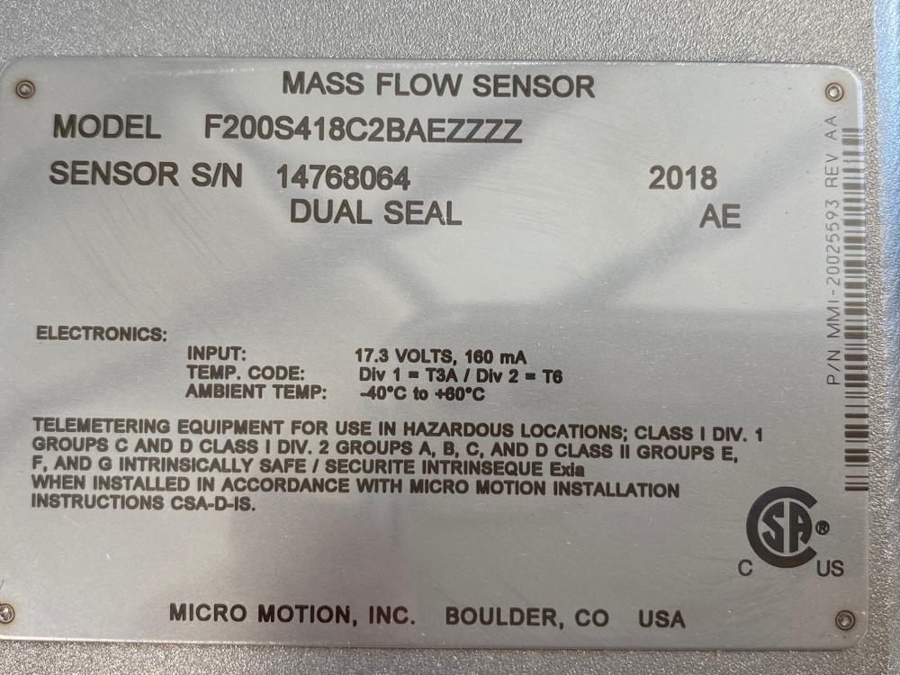 Micro Motion 2" x 1-1/2" 150# 316 Stainless Flow Meter F200S418C2BAEZZZZ (M)